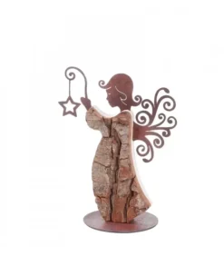 Ange De Noël En Bois Avec Ailes Metal, 15 Cm