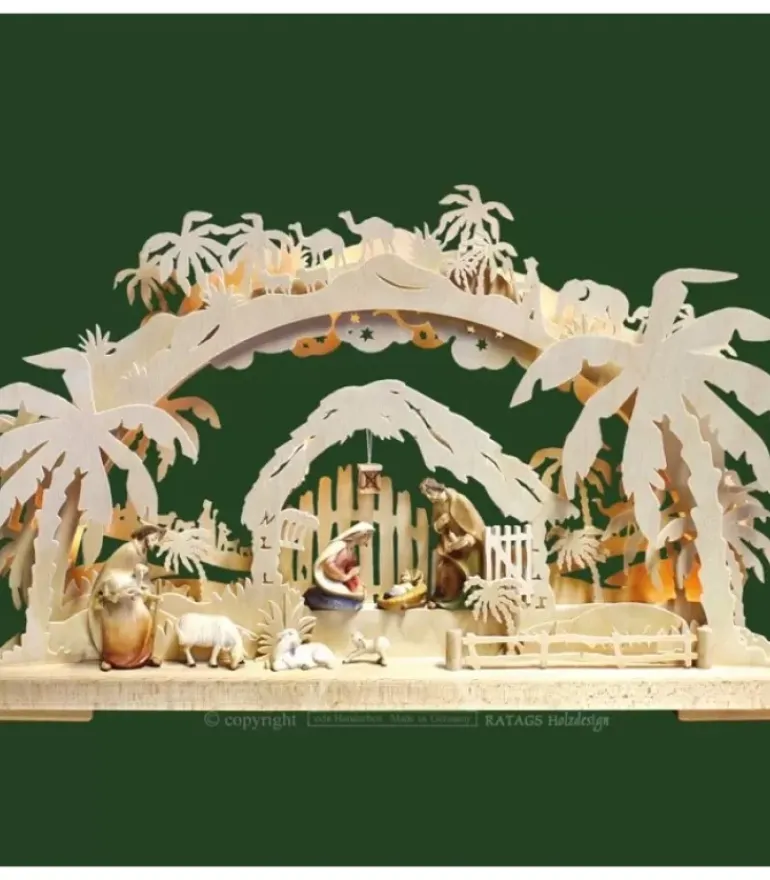 Arche Lumineuse Electrique Led, Personnages Crèche De Noël En Bois Cisele Peint