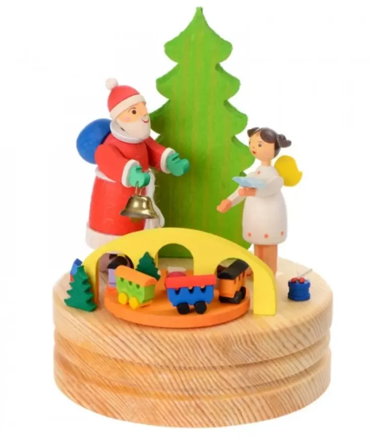 Boite A Musique En Bois, Père Noël Et Ange Blanc