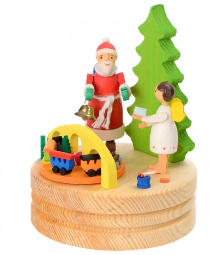 Boite A Musique En Bois, Père Noël Et Ange Blanc