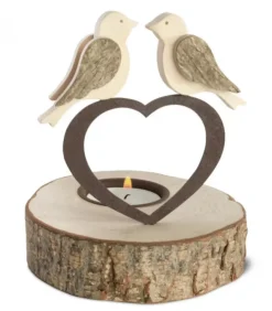 Bougeoir En Bois, 2 Oiseaux Sur Un Coeur, 13 Cm