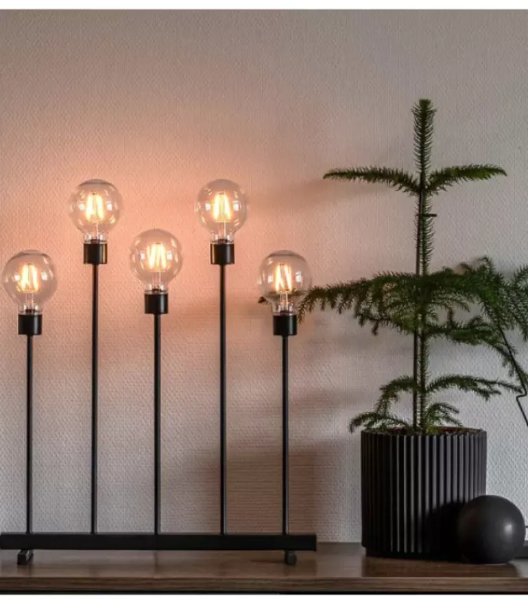 Chandelier Led 5 Ampoules Rondes Ambrees En Metal Noir, 54 Cm