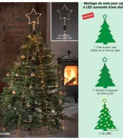 Cime Sapin De Noël, Voile Guirlande Avec Etoile Doree, 274 Diodes Led