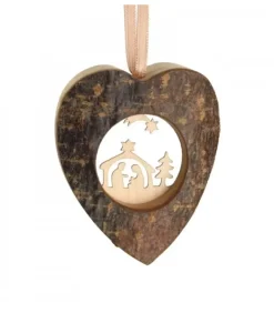 Coeur En Bois A Suspendre Motif Cisele Crèche Et Etoile, 6 Cm