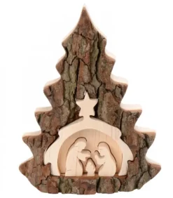 Crèche De Noël 16 Cm, Taillee Dans Une Ecorce De Bois En Forme De Sapin