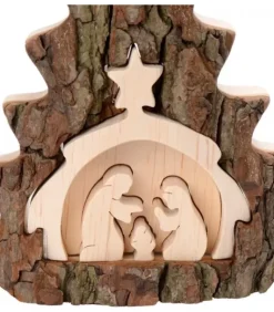 Crèche De Noël 16 Cm, Taillee Dans Une Ecorce De Bois En Forme De Sapin