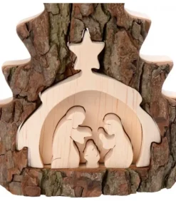 Crèche De Noël 16 Cm, Taillee Dans Une Ecorce De Bois En Forme De Sapin