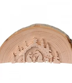 Crèche De Noël En Relief, Taillee Dans Un Rondin De Bois, 15 Cm