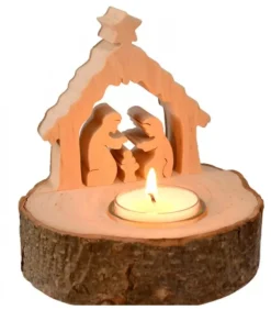 Crèche De Noël Sur Rondin De Bois Avec Bougeoir