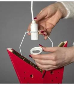 Etoile Lumineuse 7 Branches En Papier Velours Rouge A Suspendre, 60 Cm