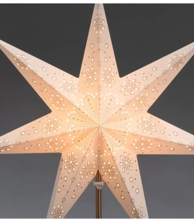 Etoile Lumineuse Electrique 7 Branches En Papier, Blanche, Sur Pied Laiton, 48 Cm