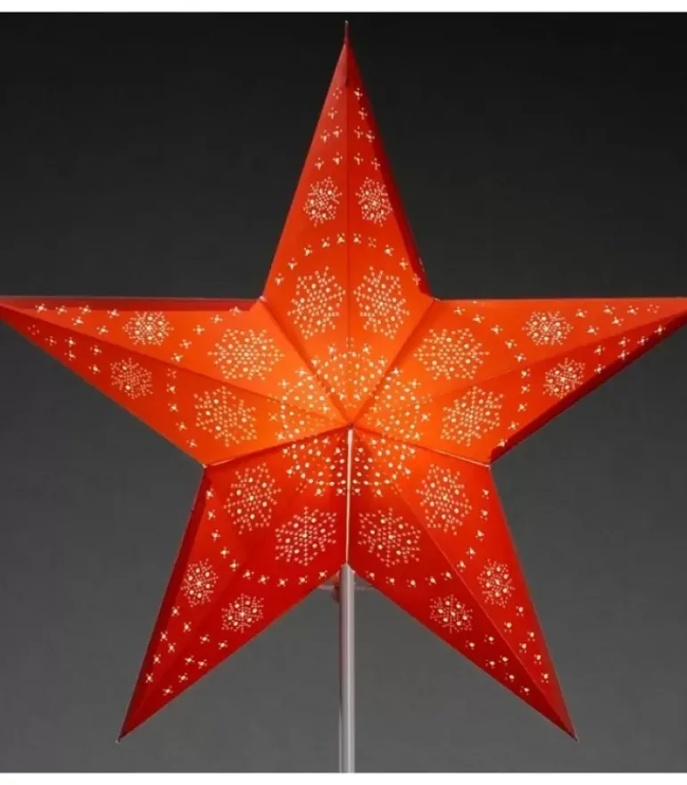 Etoile Lumineuse Electrique 5 Branches En Papier, Rouge, Sur Pied Blanc, 46 Cm
