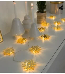 Guirlande Lumineuse Décorative A Led, Flocons De Neige Metalliques Dores