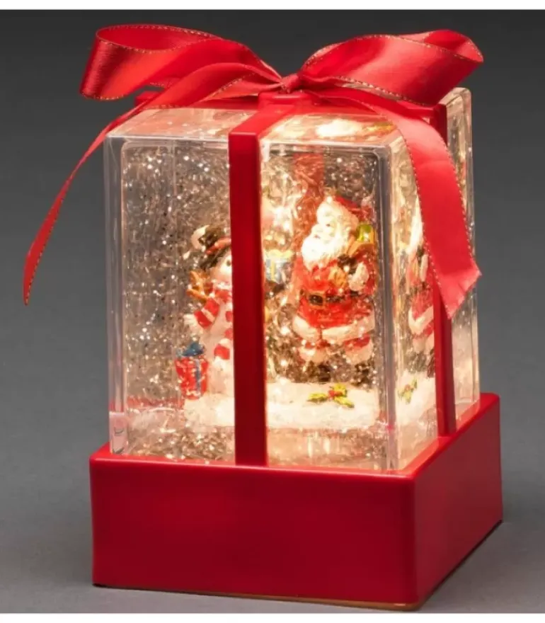 Lanterne À Neige "Cadeau De Noël" Avec Père Noël & Bonhomme De Neige