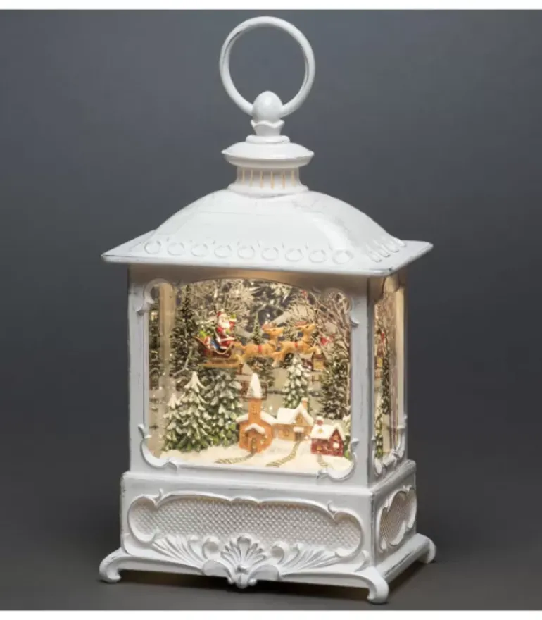 Lanterne De Noël Blanche, Père Noël Volant Au-Dessus D'Un Village