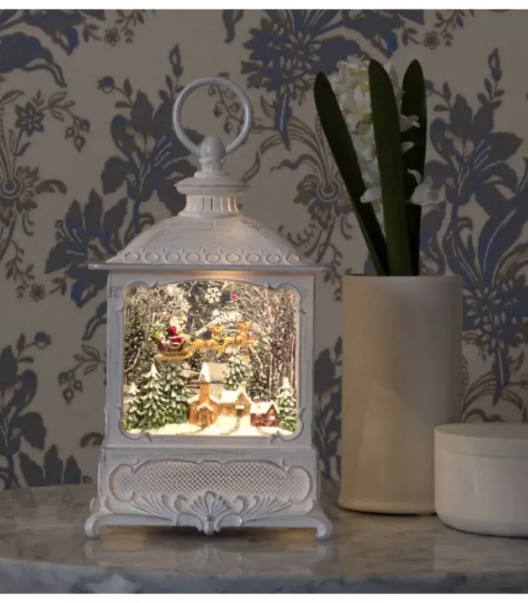 Lanterne De Noël Blanche, Père Noël Volant Au-Dessus D'Un Village