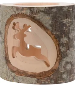 Photophore En Bois Avec 2 Motifs En Bois Cisele, Renne