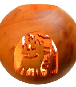 Photophore En Bois Forme Spherique, Motif Cerf En Foret