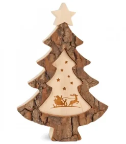 Sapin De Noël En Bois Avec Gravure Père Noël Et Luge, 15 Cm
