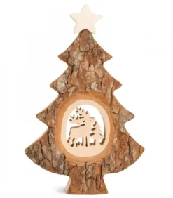 Sapin Noël En Bois Avec Cerf Cisele, 18 Cm