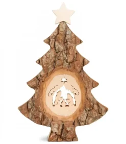 Sapin Noël En Bois Avec Crèche De Noël Ciselee, 18 Cm