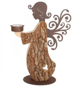 Statuette Ange De Noël En Bois Avec Bougeoir 27 Cm